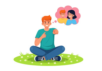 Fototapeta premium A young man sitting crosslegged on the grass, giving a thumbs up and thinking about a couple