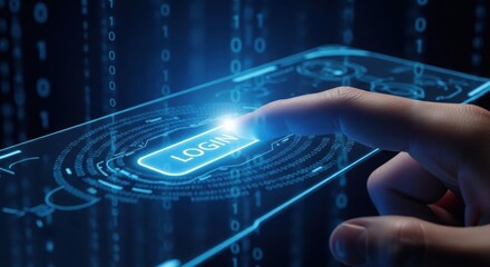 Digital login being activated as finger presses glowing button, surrounded by blue binary code, creating digital login experience. Digital login includes user authentication,