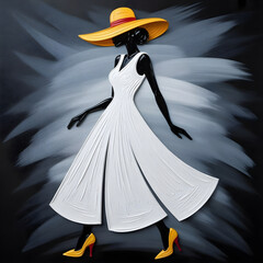 A vibrant impasto painting of an elegant woman in a flowing white dress and a wide yellow hat, walking confidently against a dynamic black and gray abstract background.