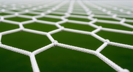 Soccer net close up over a green field providing focus on texture. This soccer net design provides a visual for sports publications and product advertisements.