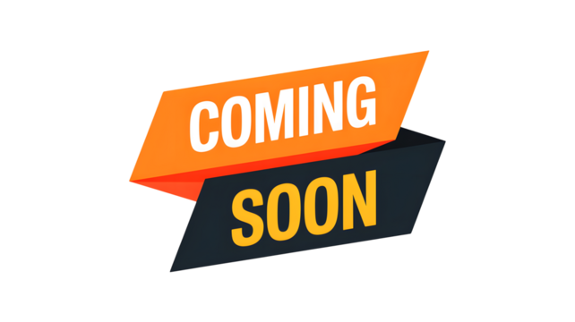Coming soon graphic with orange and black banners against a solid black background image design