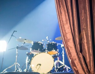 Out of focus drum set on concert stage with blue lighting and partially open curtain