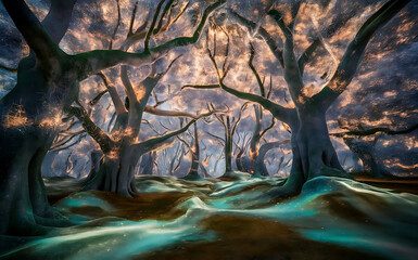 Mystical Forest with Glowing Leaves and Luminous Moss.