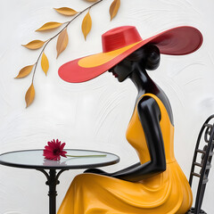 Elegant sculpture of a woman in a wide-brimmed yellow hat and dress, sitting at a café table with a single red flower in a stylish, artistic setting.