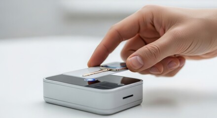 Key programmer with person hand holding modern silver key above device, for secure access. This key programmer, designed for security, highlights key insertion in device for copying.