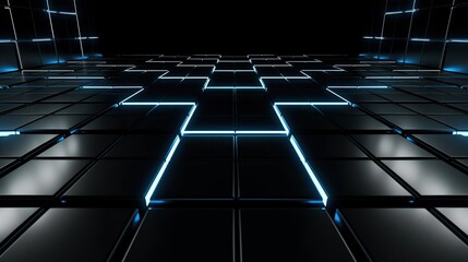 Abstract futuristic background with a glowing blue cross shape on a black grid floor representing a technology concept for digital innovation