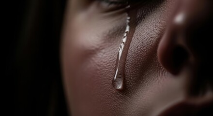 Fototapeta premium Single tear on woman's face, revealing deep emotion, capturing human vulnerability. One tear descends from eye, reflecting sorrow, and marking moment of intense grief,