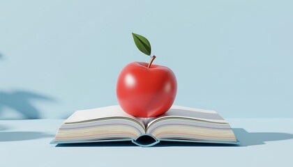 3D pastel cartoon red apple placed on top of an open book, creating a cute and soft composition ideal for education, creativity, and playful illustration themes.