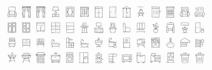 Furniture Collection: Minimalist line art icons of a wide array of furniture items for every room in a home. The collection offers comprehensive options.