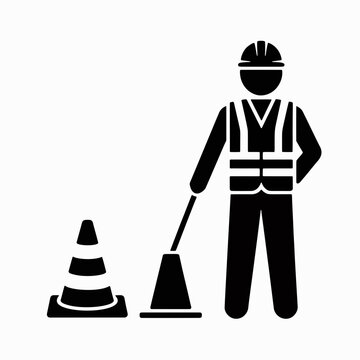 Road Work Icon: A stylized depiction of a construction worker directing traffic, standing beside a traffic cone, conveying safety and infrastructure.