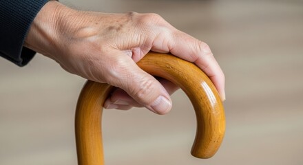 Elderly hand holding cane, person grips wooden walking stick for support and balance. Cane provides stability, cane aids mobility, offering independence for elder.
