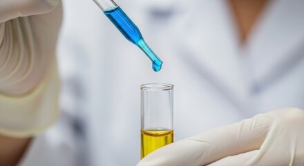 Chemical test involving pipette depositing blue liquid into test tube with yellow fluid for scientific analysis. Chemical test reveals lab experiment,
