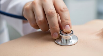 Fototapeta premium Doctor examining patient chest with stethoscope, Doctor examining patient to check heart rate and breathing, health check to ensure patient well being.