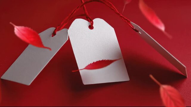 A close-up studio shot featuring three blank white paper price tags hanging by strings against a vibrant red background. Red autumn leaves gently fall and float around the textured labels, creating a 