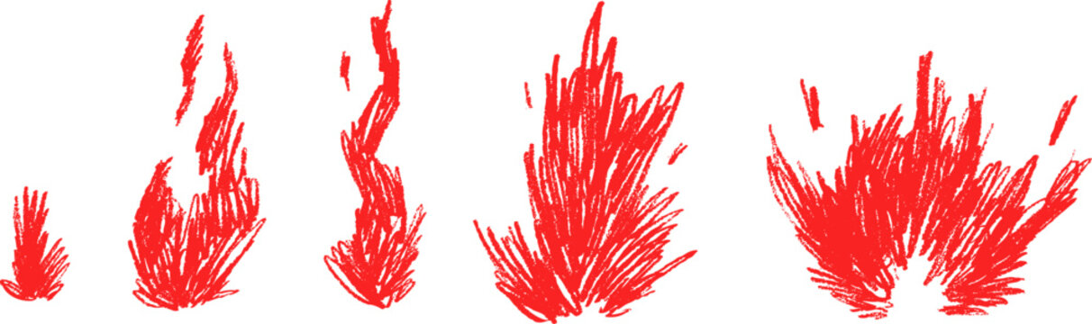 Cartoon hand drawn fire flame or burning campfire in scribble simple style. Collection funny grunge elements. Children vector illustration for sticker, banner, tattoo.