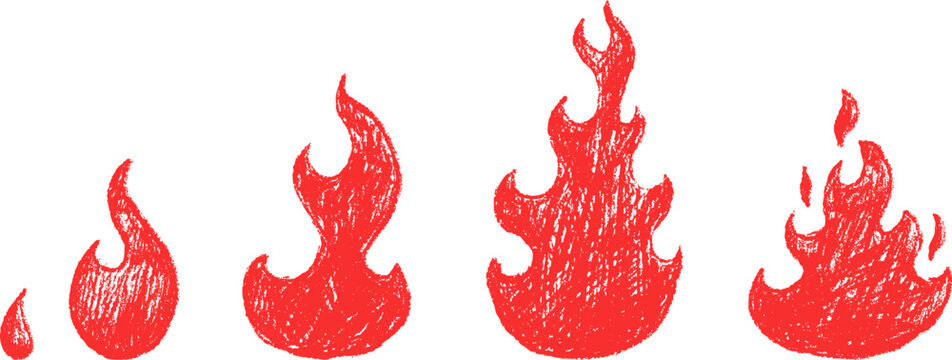 Fire flame in hand drawn cartoon style. Set doodle elements various shapes for banner, sticker, tattoo created from paint brush, crayon or pencil. Naive children vector illustration.