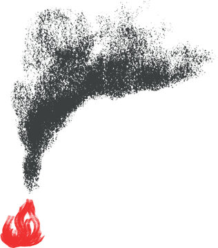 Burning fire with black smoke in cartoon child style from pencil, brush or crayon. Hand drawn doodle composition. Groovy naive vector illustration.