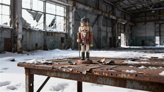  Juguete Cascanueces desgarrado y roto de pie sobre una mesa oxidada en un hangar industrial abandonado