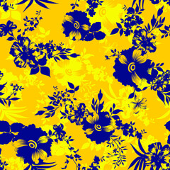 Vibrant yellow background with abstract blue floral pattern and botanical elements