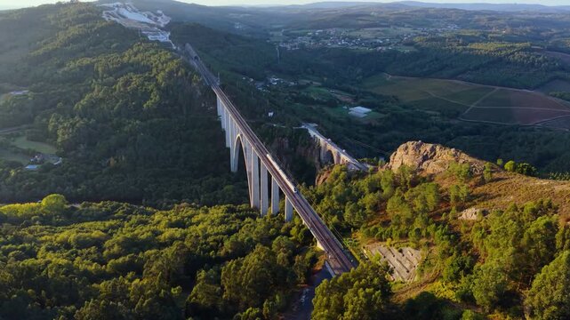 Above View Of Ulla Viaduct, Ponte de Gundi&aacute;n In Galicia, Spain. Aerial Drone Shot