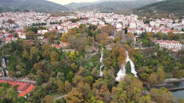 Aerial Panoramic View of Edessa City in Pella Greece, Urban Nature and Waterfall Touristic Landmark in Greece Countryside