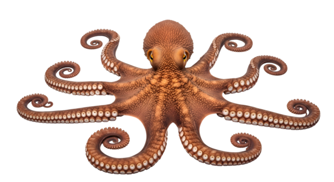 Detailed view of a brown octopus with coiled tentacles and visible suckers isolated on a transparent background