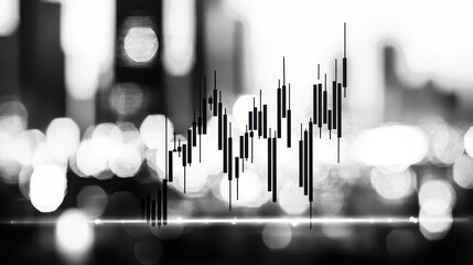 Black and white candlestick chart overlaying a blurry bright city lights bokeh background