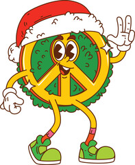 Groovy Christmas peace sign character wears Santa hat and green sneakers while flashing peace gesture. Funky vector retro mascot with trippy holiday vibe for holiday party