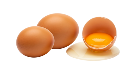 Two whole brown eggs and one cracked egg with a bright yellow yolk, isolated on transparent background