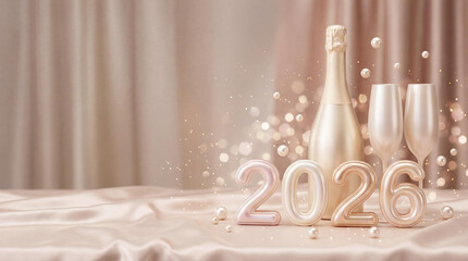 Happy New Year 2026 Still Life With Champagne Bottle and Flutes on a Silky Cloth