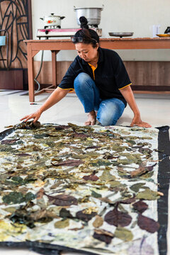 Indonesian Eco-Printing Fabric with Botanical Leaf Imprints