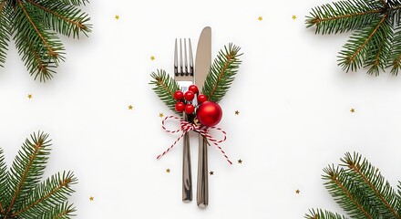 Festive christmas table setting with silverware and evergreen branches on white background