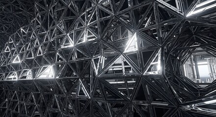 Abstract geometric construction of interconnected metal triangles creating a complex and shiny