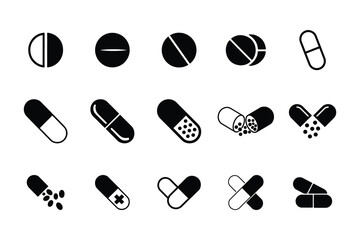 Black and white pills icons on clean background