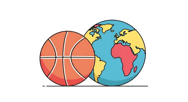A cartoon illustration shows a basketball beside an earth globe on a plain white background. - Powered by Adobe