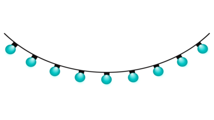 Simple hanging garland of cyan/aqua round lights with gradient effect. Perfect for banners, invitations, and winter or cool-themed decorations. PNG with white background.