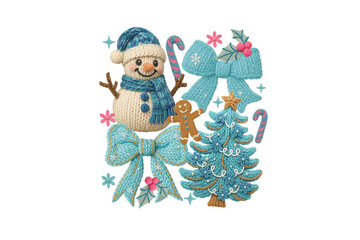 Blue Winter Christmas Patch Set with Snowman, Tree, and Gingerbread Man Illustration Sublimation Design