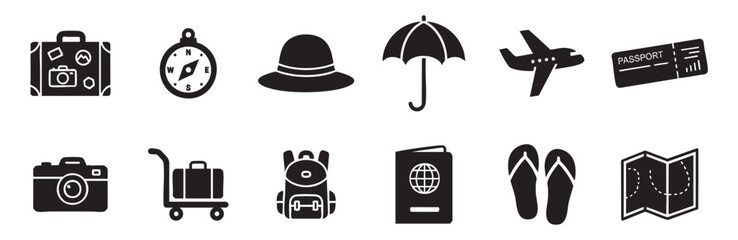 Comprehensive collection of black glyph travel icons representing various elements of vacation, adventure, and global exploration, rendered in a clean, modern, and easily recognizable style