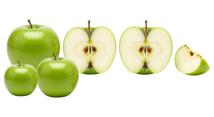 Fresh green apples, whole, halved, and a small slice, displaying their crispness and vibrant color, isolated on transparent background