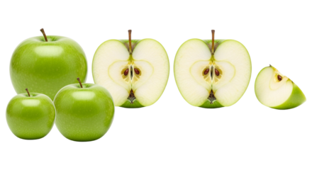 Fresh green apples, whole, halved, and a small slice, displaying their crispness and vibrant color, isolated on transparent background
