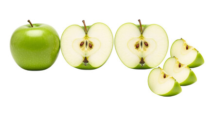 Fresh green apples, including a whole fruit, two halves, and several slices, isolated on transparent background