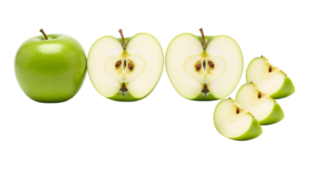 Fresh green apples, including a whole fruit, two halves, and several slices, isolated on transparent background