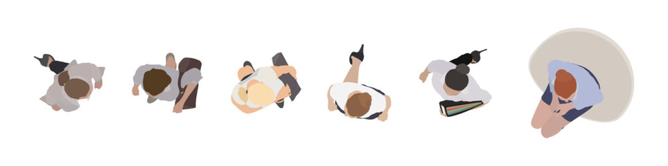 Women in top view, superior perspective in color, editable vector, no background, PNG.
