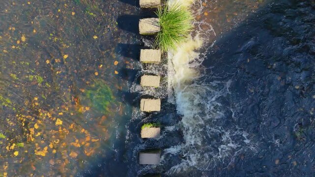 Illas de Gres (Islands of Gres), Stepping Stones At Natural Park On The Ulla River, Lugar Ponte, Boqueix&oacute;n, A Coru&ntilde;a, Spain. Aerial Topdown Shot