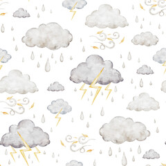 Children seamless pattern with fluffy rain clouds, lightning and thunderstorm for fabrics, for kids goods,linen, pajamas. Watercolor hand drawn illustration.