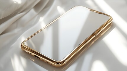 Elegant Golden Smartphone on White Fabric Minimalist Technology CloseUp with Soft Lighting