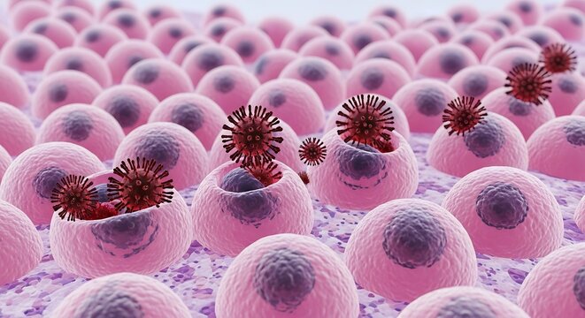 Cellular Infection: Virus Invading Pink Cells Under Microscope