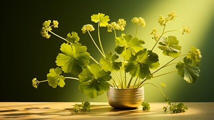 Elegant Green Lady's Mantle Plant Arrangement in Rustic Pot Against Gradient Background