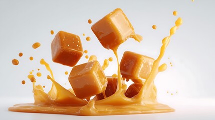 Delicious Caramel Cubes Splashing in Sweet Sauce, Creating a Mouthwatering Food Presentation on White