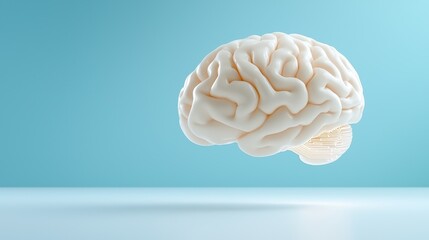 Abstract 3D rendering of a creamy white human brain model with illuminated circuitry details against a blue background